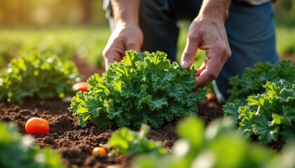 Farmer harvests fresh organic kale from garden bed. Hands select healthy green leaves and ripe red tomatoes in fertile soil. Sun shines on lush produce cultivation.