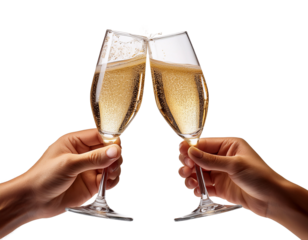 Hands clinking two champagne glasses in celebration, white background