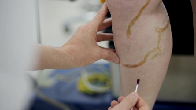 Doctor marking veins on patient leg before laser treatment