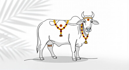 Minimalist Line Art of Decorated Cow for Pongal Holdiay, Sugarcane Stalks Shadows and Isolated Empty White Background