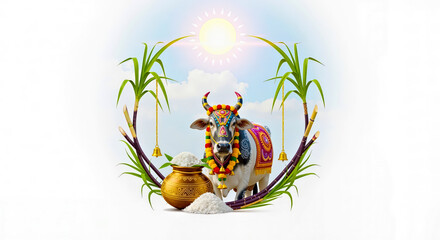 Decorative Circular Composition of Pongal Holiday Symbols on Isolated White Empty Background