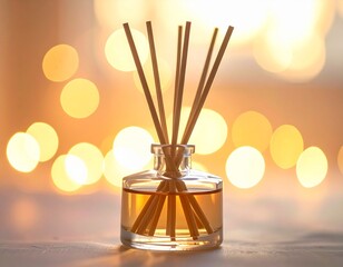 Top-down view of a small glass jar of reed diffuser with sticks
