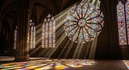 Sunlight Through Rose Window Illuminates Gothic Cathedral Interior with Stained Glass Patterns