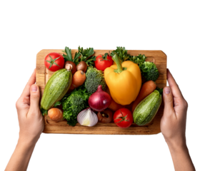 Two hands holding wooden cutting board with fresh vegetables, white background