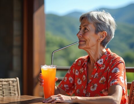 Elderly woman enjoys orange drink on patio with mountain view. She relaxes on sunny day, sipping beverage with metal straw, wearing floral shirt. Peaceful retirement lifestyle. - Powered by Adobe