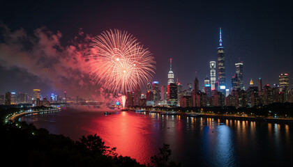 City skyline with fireworks reflecting in river below at night  