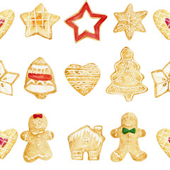Christmas and New Year cookies and sweets seamless watercolor pattern, wallpaper, background, textile, surface design, winter seasonal clipart, transparent background, PNG, hand painted, cheerful  