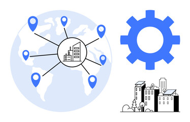 Industrial hub connected via global map with location markers, large gear representing collaboration, and eco-friendly buildings. Ideal for globalization, logistics, strategy, sustainability