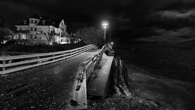Footbridge at night in Überlingen, Germany, by the lake