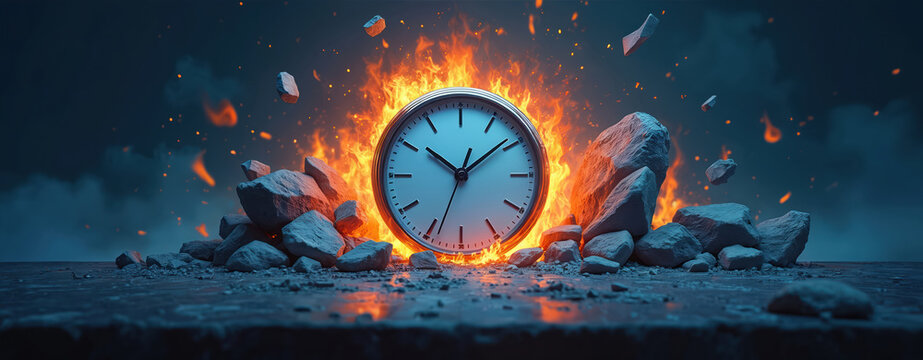 Burning clock face surrounded by rocks and fire embers. Time is running out with fragments falling around. Represents urgency and intense pressure for deadlines and critical moments.