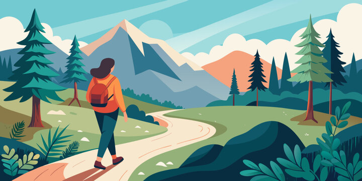Nature-inspired hiking scene in clean vector style with earthy tones - Powered by Adobe