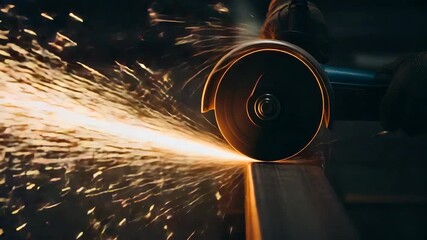 Angle grinder cutting metal beam with flying bright sparks in dark industrial workshop - Powered by Adobe