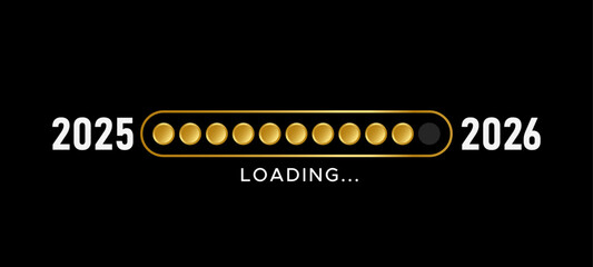 2025 to 2026 transition vector illustration with gold circular progress bar and digital countdown design on black background for New Year celebrations, festive greetings