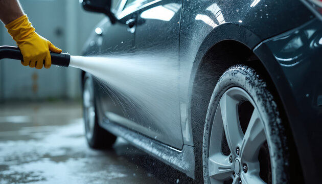 Detailer washes dark car with soapy water. Professional car cleaning service uses high pressure water spray. Hand in yellow glove holds nozzle. Vehicle body shines during the wash procedure.