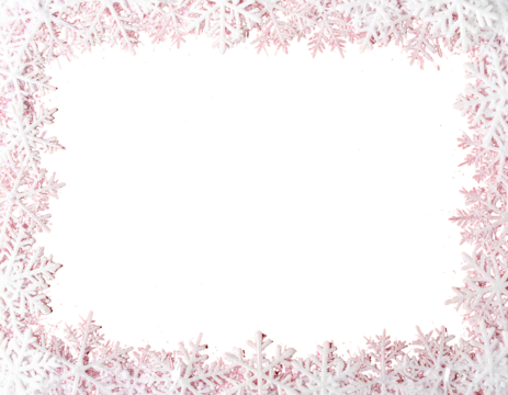 A delicate frame of pink and white snowflakes isolated on transparent background