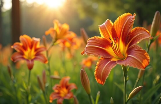 Orange daylily flowers bloom in beautiful summer garden at scenic sunset. Bright hemerocallis plants blossom with vibrant petals in warm golden sunlight. Closeup of wild tiger lily on rich green