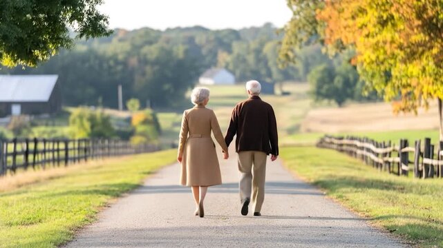 Senior couple walking hand in hand on a rural autumn road surrounded by colorful fall trees and green grass on a sunny day