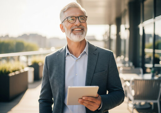 Smiling senior businessman with glasses holding a tablet computer outdoors on a sunny day looking thoughtfully into the distance with a confident and successful demeanor