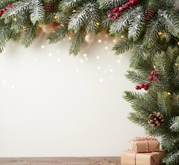 Copyspace avec des branches de sapin et des cadeaux