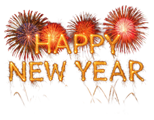 Happy new year text made of balloons with fireworks isolated on transparent background