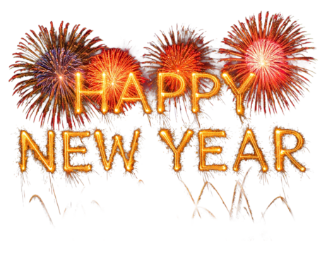 Happy new year text made of balloons with fireworks isolated on transparent background