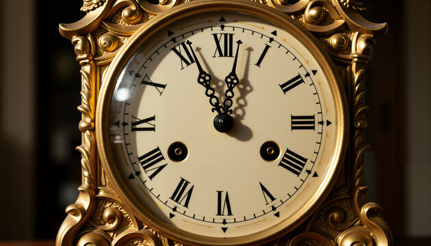 Vintage golden clock face striking midnight in modern casual style  