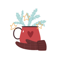 Cute winter illustration of a red mug with pine branches and stars, resting on a warm glove. Perfect for Christmas cards, stickers, and festive decor.