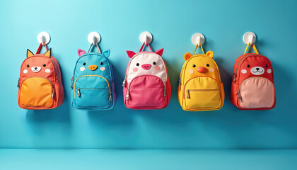 Five cartoon animal mini backpacks hang on blue wall hooks. Small colorful bags include fox, pig, bear, duck designs. Childrens cute school accessory collection for kids.