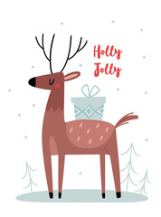  Minimal flat-style Christmas reindeer carrying a gift box on its back. Surrounded by snow and winter 