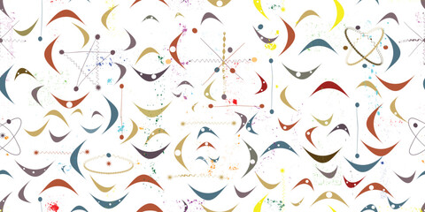 Vintage modern atomic seamless pattern with speckled and grainy texture, inspired by1950s and 1960s atomic age design, featuring abstract geometric shapes and orbit motifs , colorful vector design.