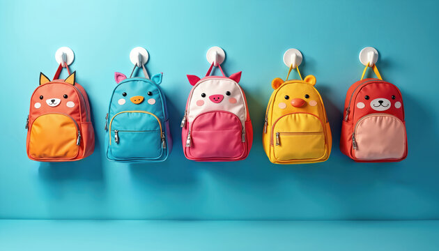 Five cartoon animal mini backpacks hang on blue wall hooks. Small colorful bags include fox, pig, bear, duck designs. Childrens cute school accessory collection for kids.