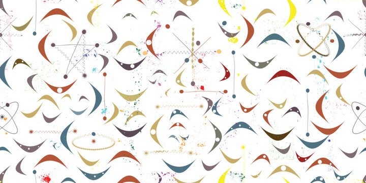 Vintage modern atomic seamless pattern with speckled and grainy texture, inspired by1950s and 1960s atomic age design, featuring abstract geometric shapes and orbit motifs , colorful vector design.