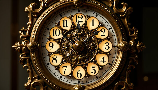 Ornate vintage clock striking midnight with hands at twelve in closeup  