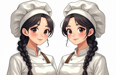 Two anime style young women chefs wear white hats and aprons. Both have braided dark hair and smiling faces. They look pro and ready to cook delicious food.
