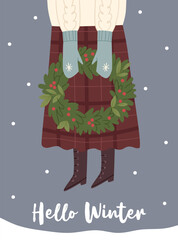 Cozy Scandinavian winter girl holding a Christmas wreath. Perfect for greeting cards, posters, and seasonal decor. Minimalist festive design.