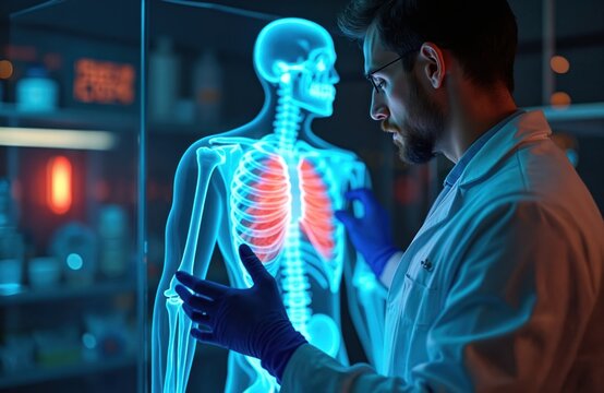 Male doctor in lab analyzes a futuristic human body hologram. Scientist researches lung disease on digital x-ray screen. Medical innovation in a modern healthcare clinic.