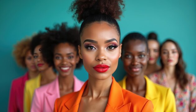Diverse women in colorful outfits stand together, one front woman bold makeup and hairstyle. They represent unity confidence and female power.
