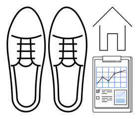 Business shoes, house outline, and clipboard with growth chart signify career, homeownership, and financial growth. Ideal for finance, real estate, business planning, lifestyle personal goals