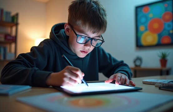 Young boy drawing on tablet at home. Teenager uses digital pen for creative work. Student does homework with new tech devices. Male hands working on touch screen at table
