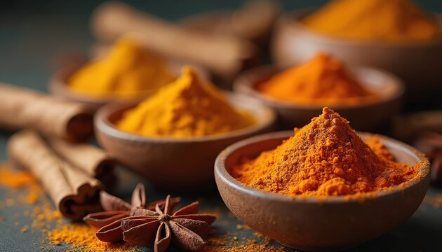 Bright orange powders of turmeric, curry spices fill small clay bowls. Whole cinnamon sticks, star anise lie scattered on dark surface. Authentic Indian cooking ingredients ready for preparing