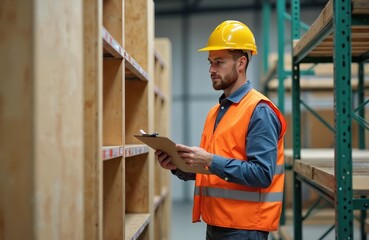 Man in hard hat and vest checks inventory on clipboard in warehouse. Worker oversees stock on shelves in logistics center. Pro reviews data at work.
