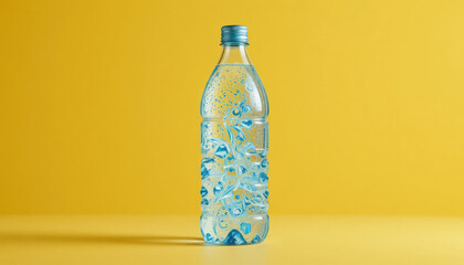 Fresh bottled water with bubbles against vibrant yellow background, creating refreshing vibe