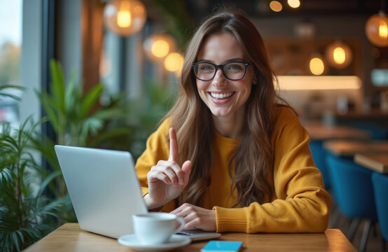 Smiling woman uses laptop at cafe. Female student studies online using notebook computer. Girl with glasses learns new language. She works distant at table raising her finger up.