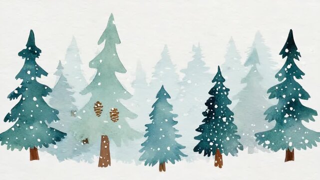 Watercolor Painting of a Snowy Evergreen Forest, Winter Landscape, Christmas Trees, Hand-Painted Illustration for Greeting Cards and Holiday Designs