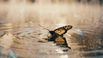 Butterfly delicately resting on a water surface with sun reflection, serene aquatic moment