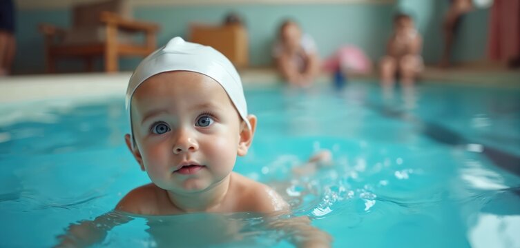 Cute baby wears swim cap, floats in pool. Toddler learns swim lesson with instructor nearby. Child enjoys water fun activity in clear blue water. - Powered by Adobe