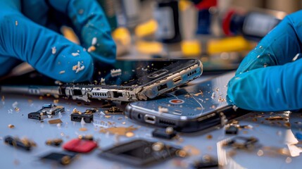 Technician fixing smartphone components with tools for mobile repair and technology upgrades
