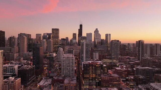 Stunning Sunset Aerial View of Downtown Chicago Skyline with Willis Tower&rdquo; November 6, 2025