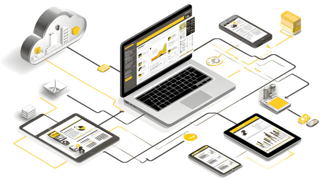 Isometric view of interconnected devices displaying data linked to a cloud server