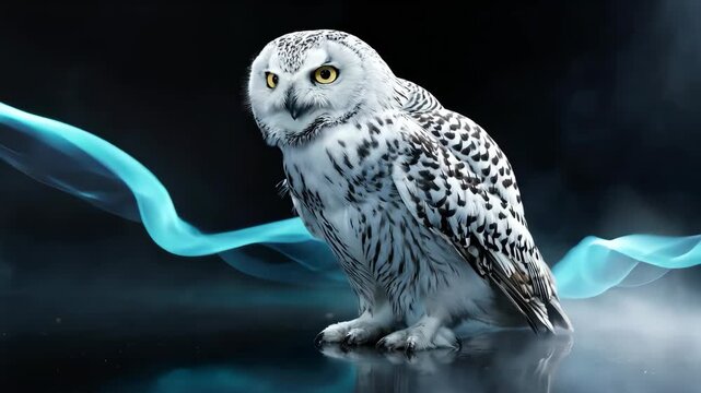 Majestic owl with piercing eyes, white plumage and smoky blue effect background